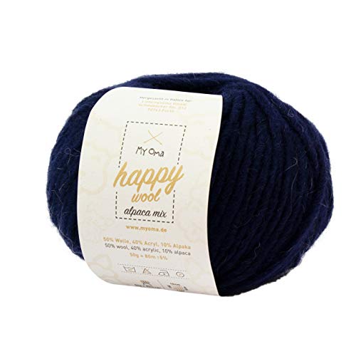 Alpacawolle stricken -1x Happy Wool alpaca mix nachtblau (Fb 61)- 1 Knäuel Wolle blau + GRATIS Label - Wolle mit Alpaka - 50g/80m - Nadelstärke 7-8mm - Wolle zum Stricken - blaue Wolle von My Oma