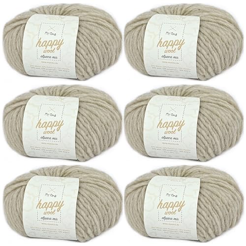 Alpaka Garn -6x Happy Wool alpaca mix sand (Fb 28)- 6 Knäuel Wolle beige + GRATIS Label; Wolle mit Alpaka; 50g/80m; Nadelstärke 7-8mm; Mischwolle zum Stricken; weiße Wolle zum Stricken von My Oma
