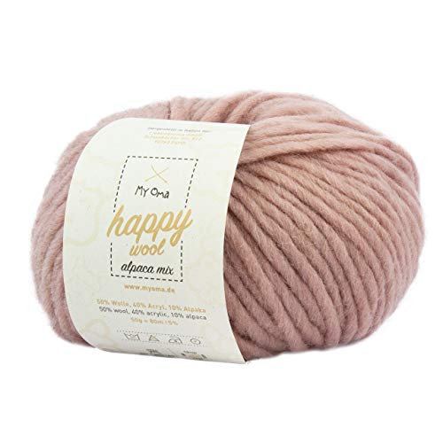 Alpakawolle zum Stricken -1x Happy Wool alpaca mix puder (Fb 67)- 1 Knäuel Wolle rosa + GRATIS Label - Wolle mit Alpaka - 50g/80m - Nadelstärke 7-8mm - Wolle zum Stricken - rosa Wolle von My Oma