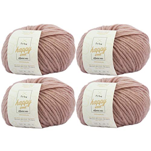 Alpakawolle zum Stricken -4x Happy Wool alpaca mix puder (Fb 67)- 4 Knäuel Wolle rosa + GRATIS Label - Wolle mit Alpaka - 50g/80m - Nadelstärke 7-8mm -Mischwolle zum Stricken - rosa Wolle von My Oma