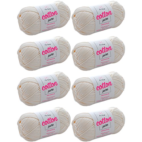 Baumwolle Wolle -MyOma Cotton pure perlmutt (Fb 0102)- Baumwollgarn zum Stricken + GRATIS Anleitung – 8 Knäuel natur weißes Baumwollgarn/Baumwolle natur - 50g/125m – Nadelstärke 2,5-3,5mm von My Oma