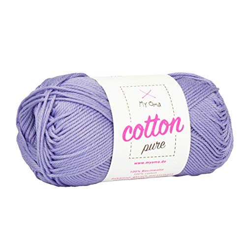 Baumwolle stricken - MyOma Cotton pure flieder (Fb 0185)- Baumwollgarn zum Stricken + GRATIS Anleitung – 1 Knäuel violettes Baumwollgarn/Baumwolle lila - 50g/125m – Nadelstärke 2,5-3,5mm von My Oma