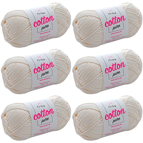 Baumwollgarn creme -MyOma Cotton pure perlmutt (Fb 0102)- Baumwolle Strickgarn + Anleitung – 6 Knäuel Baumwolle natur/weißes Baumwollgarn 50g/125m – Nadelstärke 2,5-3,5mm von My Oma