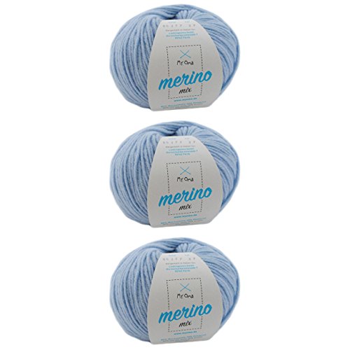 Merino Wolle - 3 Knäuel Merinowolle eisblau (Fb 82677) - hell blaue Wolle zum Stricken - Merino Mix Wolle + GRATIS MyOma Label - 50g/120m - MyOma Wolle - weiche Wolle - Merino Garn von My Oma