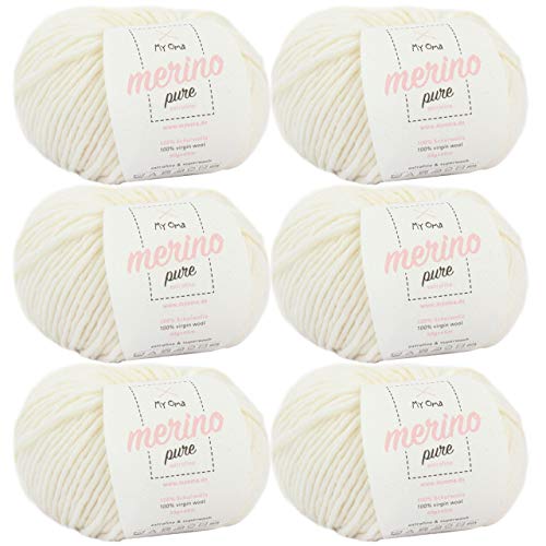 Merino Wolle -6X Merino Pure Natur (Fb 4800)- 6 Knäuel Merino Wolle Natur + GRATIS Label - Merinowolle extrafein - 50g/65m - Nadelstärke 6-7mm - Merinowolle Rundschal - Merinowolle Chunky von My Oma