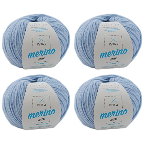 Merino Wolle stricken - 4 Knäuel Merino Wolle eisblau (Fb 82677) - hell blaue Merino Wolle häkeln – Merinogarn + GRATIS MyOma Label - 50g/120m - MyOma Wolle - weiche Wolle - Merinowolle von My Oma