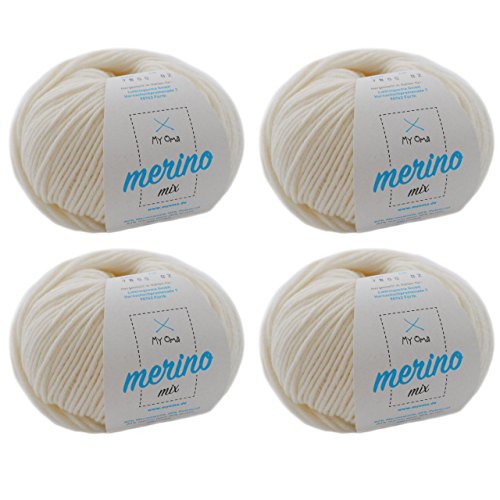 Merino Wolle stricken - 4 Knäuel Merino Wolle naturweiß (Fb 7800) - natur weißeMerino Wolle häkeln – Merinogarn + GRATIS MyOma Label - 50g/120m - MyOma Wolle - weiche Wolle - Merinowolle von My Oma