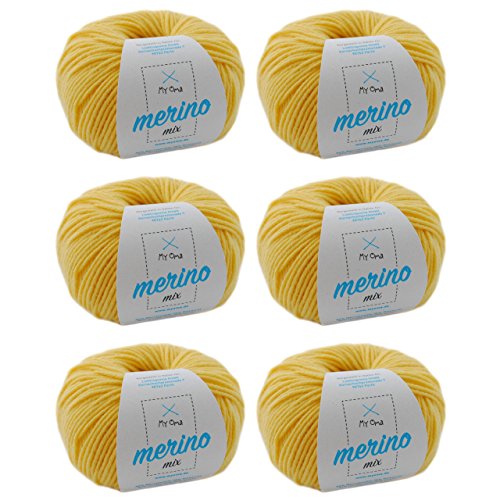 Merinowolle häkeln - Merino Wolle vanille (Fb 7762) - 6 Knäuel gelbe Wolle Merino - Wolle Mix zum Häkeln + GRATIS MyOma Label - 50g/120m - MyOma Wolle - weiche Wolle - Merino Garn von My Oma