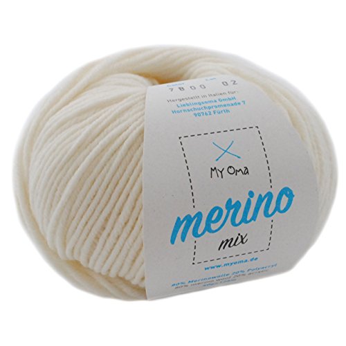 Merinowolle zum Stricken - 1 Knäuel Merinowolle naturweiß (Fb 7800) - natur weiße Merino Wolle - Strickgarn Merinowolle + GRATIS MyOma Label - 50g/120m - MyOma Wolle - weiche Wolle - Merinogarn von My Oma