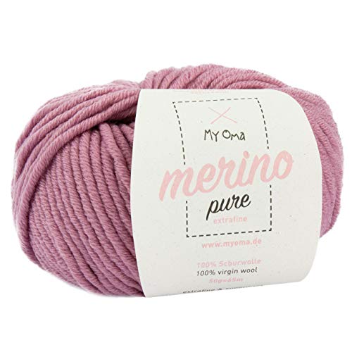 Merinowolle zum Stricken -1x Merino pure rosé (Fb 4708)- 1 Knäuel Merinowolle rosa + GRATIS Label - Merinowolle dickes Garn - 50g/65m - Merino Wolle Nadelstärke 6-7mm - weiche Wolle zum Stricken von My Oma