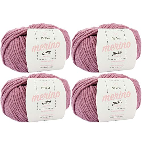 Merinowolle zum Stricken -4x Merino pure rosé (Fb 4708)- 4 Knäuel Merinowolle rose + GRATIS Label - Merinowolle extrafein - 50g/65m - Merino Wolle Nadelstärke 6 - Merino Wolle Nadelstärke 7 MyOma von My Oma