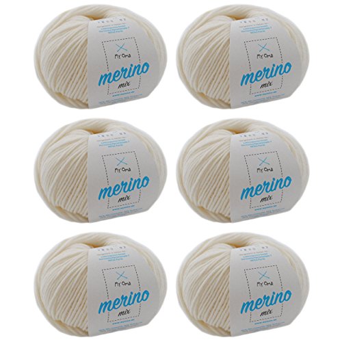 Merinowolle zum Stricken - Merinowolle naturweiß (Fb 7800) - 6 Knäuel natur weiße Merino Wolle - Strickgarn Merinowolle + GRATIS MyOma Label - 50g/120m - MyOma Wolle - weiche Wolle - Merinogarn von My Oma