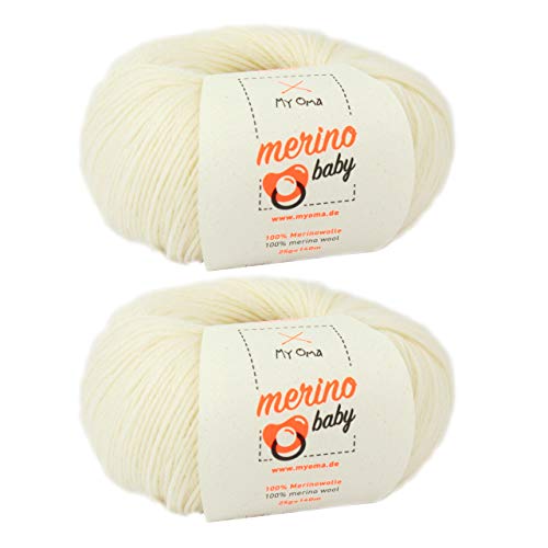 Baby Wolle *2 Knäuel Merino Baby natur (Fb 6010) + GRATIS Anleitung* 100% Merinowolle - 25g/140m – Nadelstärke 2,5-3mm – Babywolle Merino zum Stricken – Baby Garn von MyOma von My Oma