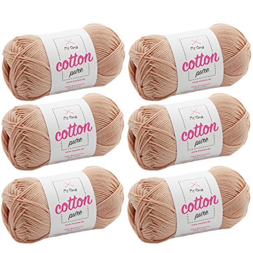 Baumwolle zum Häkeln -MyOma Cotton pure apricot (Fb 0205)- Baumwollgarn zum Häkeln dünn + GRATIS Anleitung – 6 Knäuel Baumwollgarn/Baumwolle pink zartorange 50g/125m - Nadelstärke 2,5-3,5mm von My Oma