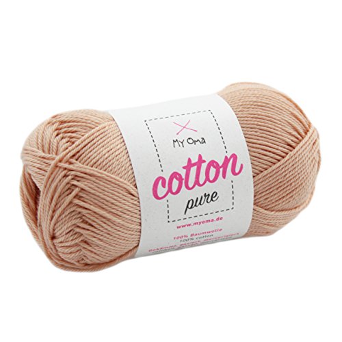 Baumwollgarn häkeln -MyOma Cotton pure apricot (Fb 0205)- Baumwollgarn zum Häkeln dünn + GRATIS Anleitung – 1 Knäuel Baumwollgarn/Baumwolle pink zartorange 50g/125m - Nadelstärke 2,5-3,5mm von My Oma