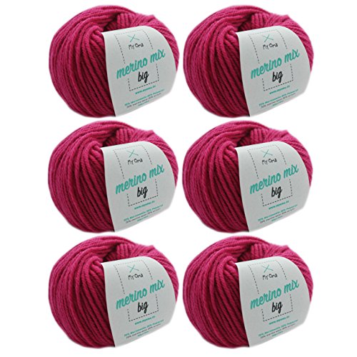 Merinowolle - Merinowolle magenta (Fb 3374) - 6 Knäuel pinke Merinowolle zum Stricken - dicke Wolle + MyOma Label - 50g/75m - Nadelstärke 6-7mm - MyOma Wolle - weiche Wolle - Merino Garn von My Oma