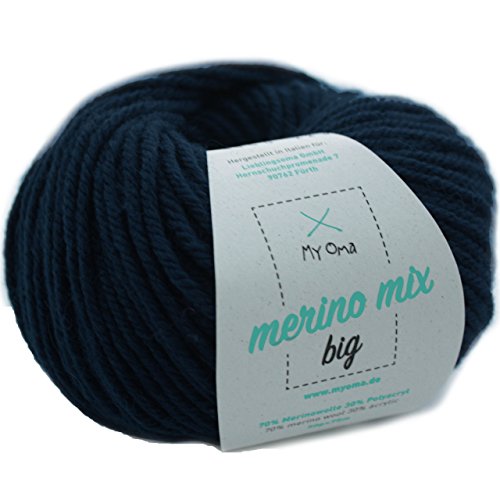 Wolle stricken - Merino Wolle marine (Fb 3409) - 1 Knäuel blaue Merinowolle zum Stricken - dicke Wolle + GRATIS MyOma Label - 50g/75m - Nadelstärke 6-7mm - MyOma Wolle - weiche Wolle von My Oma