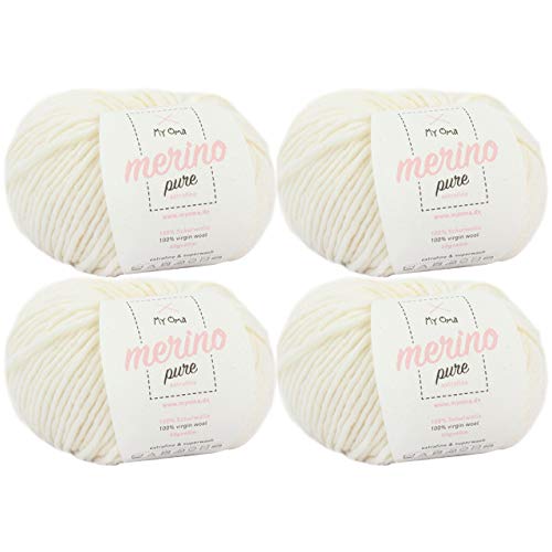 weiche Wolle zum Stricken -4x Merino pure natur (Fb 4800)- 4 Knäuel Merinowolle natur + GRATIS Label - 50g/65m - Nadelstärke 6-7mm - Merino Wolle kaufen - Merinowolle Knäuel stricken - Merinowolle von My Oma