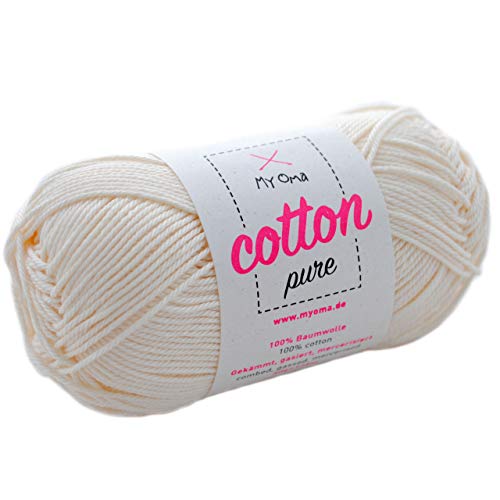 weiße Baumwolle stricken -MyOma Cotton pure perlmutt (Fb 0102)- Baumwollgarn zum Häkeln + GRATIS Anleitung - 1 Knäuel Baumwollgarn weiß/natur weiß Baumwolle - 50g/125m - Nadelstärke 2,5-3,5mm von My Oma