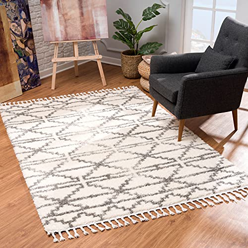 MyShop24 Teppich Wohnzimmer Hochflor - Creme Grau - 120x160cm - Deko Schlafzimmer - Soft Shaggy mit Fransen - Rauten Muster - Oeko Tex 100 Standard - Allergiker geeignet von MyShop24