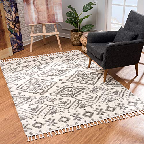 MyShop24 Teppich Wohnzimmer Hochflor Läufer - Creme 80x250cm - Schlafzimmer Soft Shaggy Flauschig mit Fransen - Rauten Muster - Boho Design - Oeko Tex 100 Standard - Allergiker geeignet von MyShop24