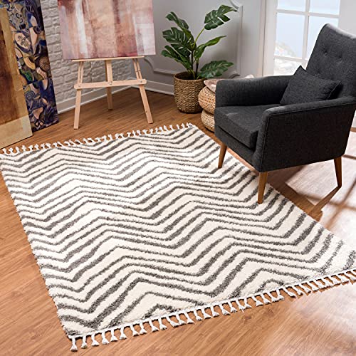 MyShop24 Teppich Wohnzimmer Shaggy - Creme Grau - 120x160cm - Schlafzimmer Soft Hochflor mit Fransen Flauschig im trendigen Berber Muster - Oeko Tex 100 Standard - Allergiker geeignet von MyShop24