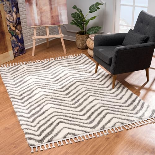 MyShop24 Teppich Wohnzimmer Shaggy - Creme-Grau - 80x200 cm - Schlafzimmer Soft Hochflor mit Fransen Flauschig im trendigen Berber Muster - Oeko Tex 100 Standard - Allergiker geeignet von MyShop24