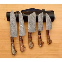 Handgemachtes Damaskus Koch Set Von 5 Stück Mit Lederbezug, Kichten Messer, Damaskus Messer Set, Küchenmesser von MyvinylsWorld
