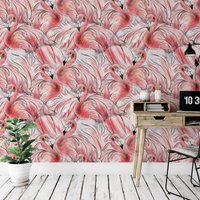 Flauschige Rosa Flamingos Tropisch, Abnehmbare Tapete, Wandkunst, Tapete Zum Abziehen Und Aufkleben, Wandbild, Dekorwand, Akzentwand, Flamingos von Mywallimages