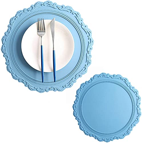 Große runde geprägte Tischsets 34 cm Set von 2 Stück Esstisch Dicke Silikon Platzsets Hitzebeständig rutschfest und wasserdicht (Blau) von NC