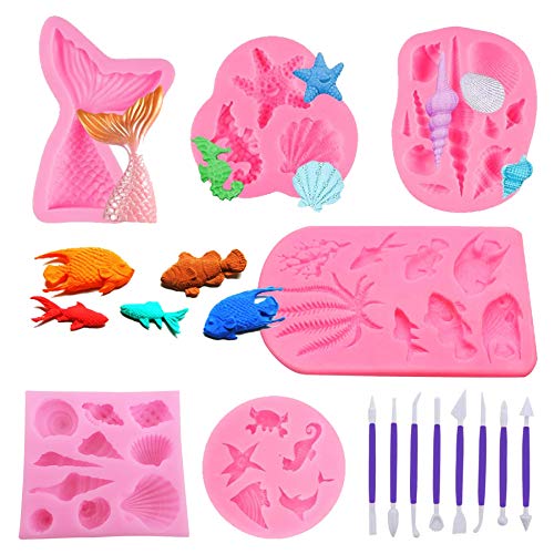 N|A Woohome 5 Stück Silikonform Muschel Fondant Backen 3D Silikon Backformen Set Schale, Meereslebewesen, Fischschwanz für Geburtstagsbabyparty Weihnachten von N|A