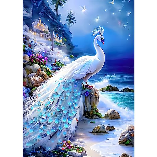 NAIMOER Weißer Pfau Diamond Painting Kits für Erwachsene Kinder, 5D Diamant Painting Bilder Landschaft Erwachsene, DIY 5D Diamond Painting Blume Diamant Malerei Set für Home Dekor 30x40cm von NAIMOER