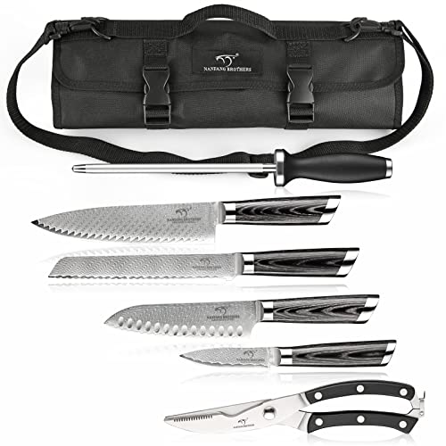 Damaststahl Kochmesser-Set 8-teilig mit Rolltasche und Tranchiergabel,Messerschärfer,Grillmesser-Set,Messerrolle,Professionelles Damast Küchenmesser-Set für Outdoor-Camping,Grillreisen von NANFANG BROTHERS