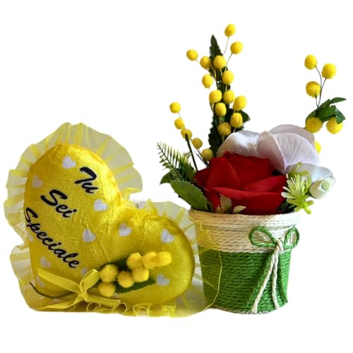 NARAMAKI Frauentag 2024 – Vase mit Kunstblumen und Mimose + Herzkissen mit Mimose – Heimdekoration – Geschenk für Frauen von NARAMAKI