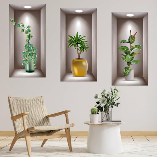 NAROSEBE 3 Stück 3D Wandsticker Vase Wandtattoo Wohnzimmer Vasen Grüne Pflanzen Wandaufkleber 3D Vinyl Wandabziehbilder Wandbilder Pflanze mit Vase 3D Pflanzen Wandbilder für Haus Wanddeko, 40x20cm von NAROSEBE