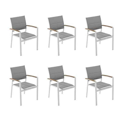 NATERIAL - 6er Set Gartenstühle SAN Diego mit Armlehnen - 6 x Gartensessel - Stapelbar - Aluminium - Textilene - Weiß - Eukalyptus - Terrassenstühle - Essstühle von NATERIAL