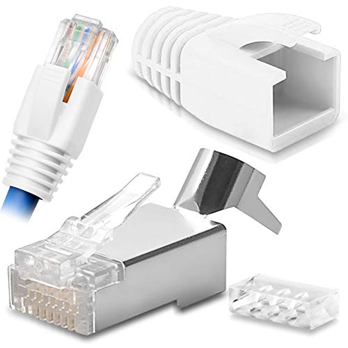 Netzwerkstecker Netzwerk DSL Stecker CAT7 CAT7A CAT6 CAT6A CAT5 RJ45 DSL LAN vergoldete Kontakte Knickschutz, Farbe:Weiss, Stückzahl:10 Stück von NAUC