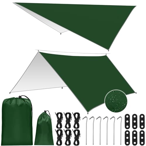 NCKIHRKK Tarp Wasserdicht 3x3M, Zeltplane Camping Zelt Tarp mit Ösen Nylonseile Bodenspieß, Ultraleicht Tragbare UV Schutz Camping Zeltplane für Camping, Picknick, Hängematte, Outdoor Aktivitäten von NCKIHRKK