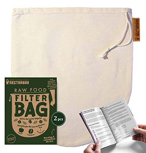 NECTARBAR Eco Nussmilchbeutel Made in Germany Handgefertigter Filterbeutel 2 Stück aus Bio Baumwolle für pflanzliche, vegane Nussmilch, Entsaften 100% Plastikfrei RAW Food Filter Bag + Anleitung von NECTARBAR