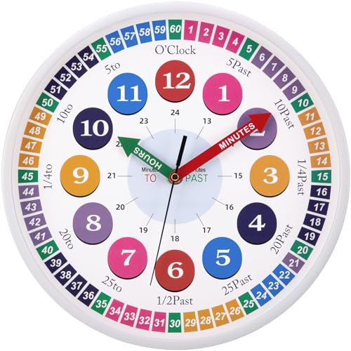 NESIFEE Kinder Wanduhr, Wanduhr Ohne Tickgeräusche, Wanduhr für Kinder Lernuhr, Modern Lautlos Kinderuhr Batteriebetrieben für Kinderzimmer, Küche, Wohnzimmer, Schlafzimmer, Schule von NESIFEE