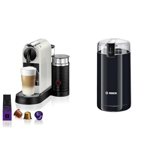 NESPRESSO De'Longhi Citiz EN267.WAE Kaffeekapselmaschine mit Milchaufschäumer, 1710W,1 L, ‎37.2 x 21.8 x 27.7 cm, Creme-weiß & Bosch Hausgeräte TSM6A013B Kaffeemühle, Schwarz von NESPRESSO