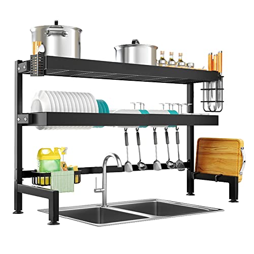 NETEL Abtropfgestell Über Spüle, 3-Stufig Geschirr Abtropfständer, Rostfreie Küche Über Dem Waschbecken Regal Spülbecken Organizer mit Utensilienhalter, Schneidebretthalter, Schwarz, Länge 105cm von NETEL