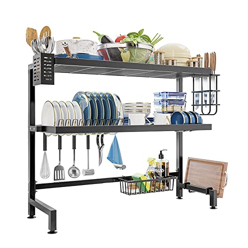 NETEL Geschirr Abtropfgestell Über Spüle,3 Ebenen Abtropfständer,Rostfreie Abtropfgitter Abtropfschale Küchen Organizer mit Utensilienhalter,Schneidebretthalter,Messerblock,Schwarz,Länge 85cm von NETEL