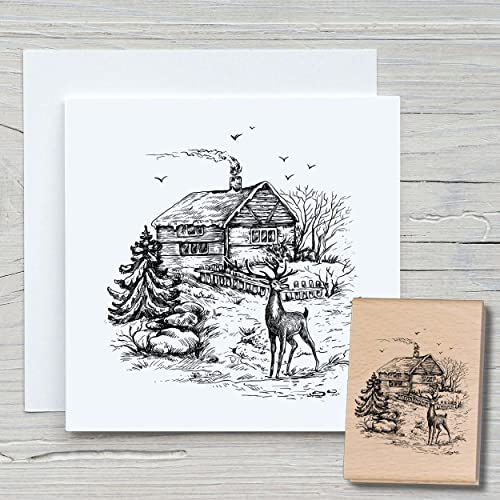 NEWSTAMPS Stempel Hütte & Hirsch Motivstempel groß aus Holz & Gummi zum Karten basteln, Holzstempel, Weihnachten, Weihnachtskarte, Advent, Scrapbook, Textilstempel, Deko, Kinder von NEWSTAMPS DIE STEMPELMACHER