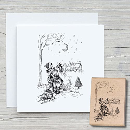 NEWSTAMPS Stempel Kinder mit Schlitten Motivstempel groß aus Holz & Gummi zum Karten basteln, Holzstempel, Weihnachten, Weihnachtskarte, Winter, Scrapbook, Textilstempel, Deko, Kinder von NEWSTAMPS DIE STEMPELMACHER