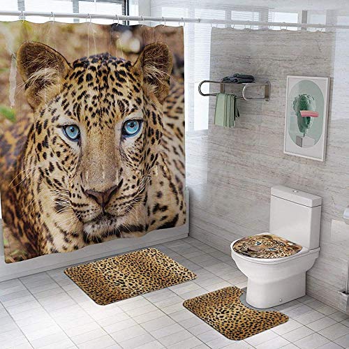 4 Stück Leopard Druck Wasserdicht Duschvorhang 4 Stück Badezimmer Matte WC Vorleger Set mit 12 Haken Wasserdicht Duschvorhang Set NHSY-4pcs Full Set von NHSY