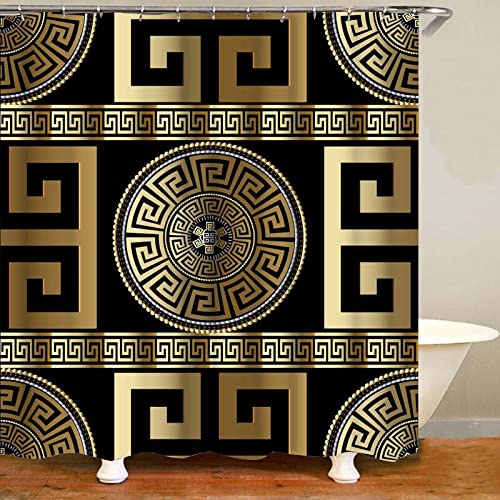 Duschvorhang-Set 3D Schwarz Gold Griechischer Schlüssel Mäander Badezimmer Vorhänge Modern Geometrisch Badvorleger Dekor Abstraktes Muster Streifen Spitzenbordüre Kreis Design Zuhause von NHSY