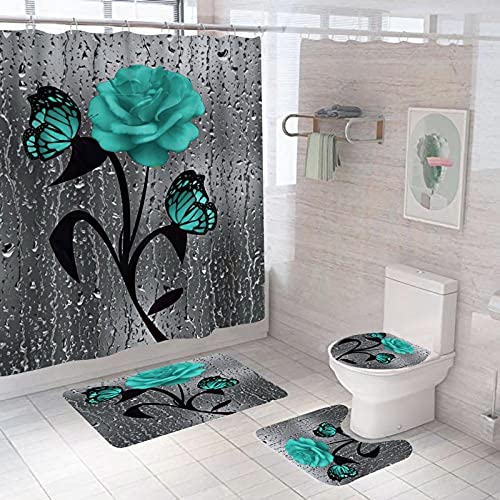 NHSY Duschvorhang und Badematte mit rosa Blumen mit rutschfesten Haken, Badezimmerteppich, 3D-WC-Vorleger, 4-teiliges Set, 180 x 180 cm von NHSY