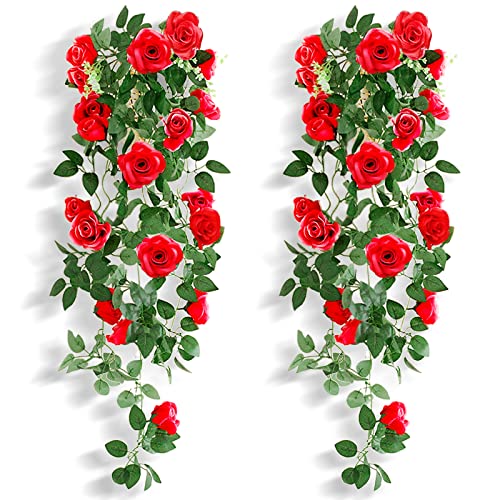 NIBESSER 2 Stück Kunstblumen Künstliche Hängepflanze Hängend Wie Echt 95cm Blumen Rebe Balkonpflanzen Plastikpflanzen Wanddekoration für Küche Zimmer Wand Balkon Fenster,rot von NIBESSER