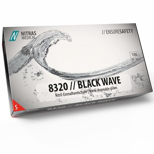 Nitras 8320 BLACK WAVE unsterile, medizinische, lebensmittelgeeignete Nitril-Einmalhandschuhe Farbe schwarz, puderfrei & latexfrei 100 Stück im Spenderkarton Größe S Nitras 8320 BLACK WAVE unsterile, medizinische, lebensmittelgeeignete Nitril-Einmalhandschuhe Farbe schwarz, puderfrei & latexfrei 100 Stück im Spenderkarton Größe S von Nitras